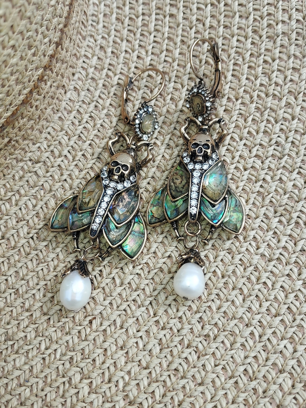 Source Unknown Abalone Petal Skull Earrings with White Pearl Drops